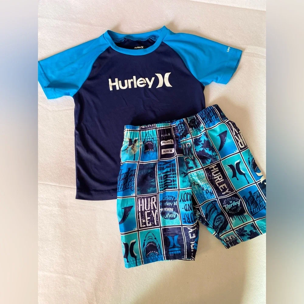 🛑SOLD🛑SOLD🛑Hurley Navy and Aqua Graphic Tee and Shorts 2 piece Swim Set, Size 7 - Picture 4 of 6